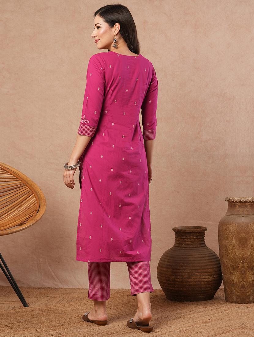 women solid with work three quarter sleeve a-line kurta - 21980951 - Standard Image - 4