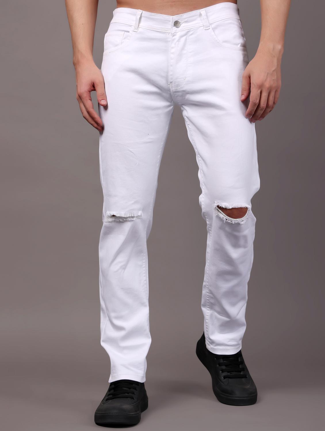 men solid slash knee mid rise slim fit jean