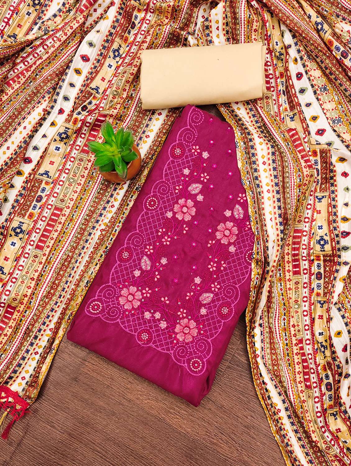 women solid with work embroidered unstitched suit set - 21981007 -  Standard Image - 1