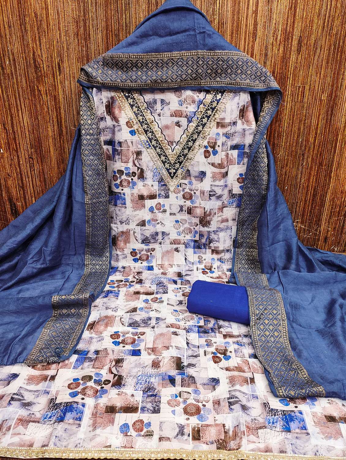 women printed embroidered unstitched suit set - 21981011 -  Standard Image - 1