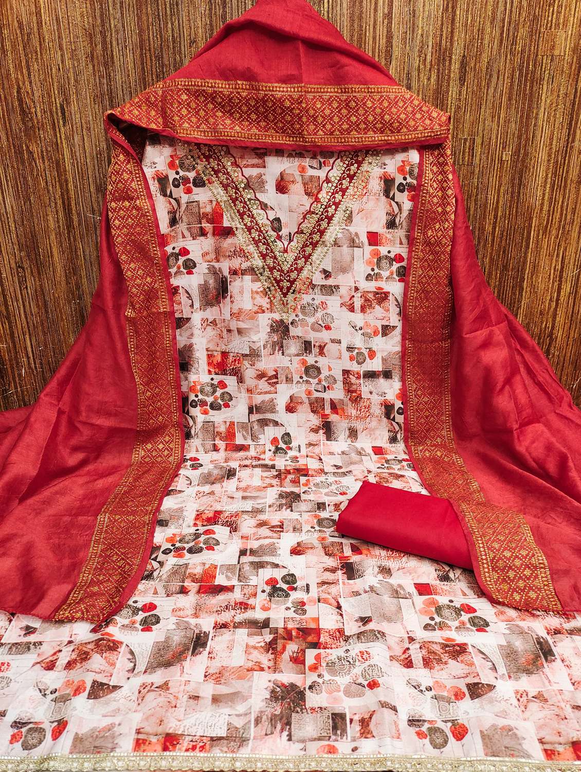 women printed embroidered unstitched suit set - 21981012 -  Standard Image - 1