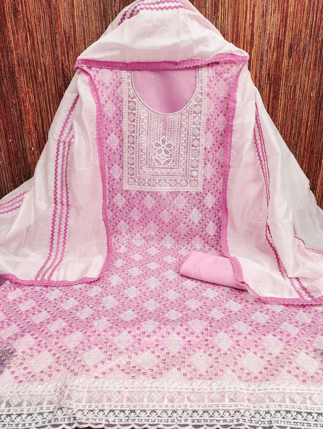 women printed with embroidered work unstitched suit set - 21981162 -  Standard Image - 1