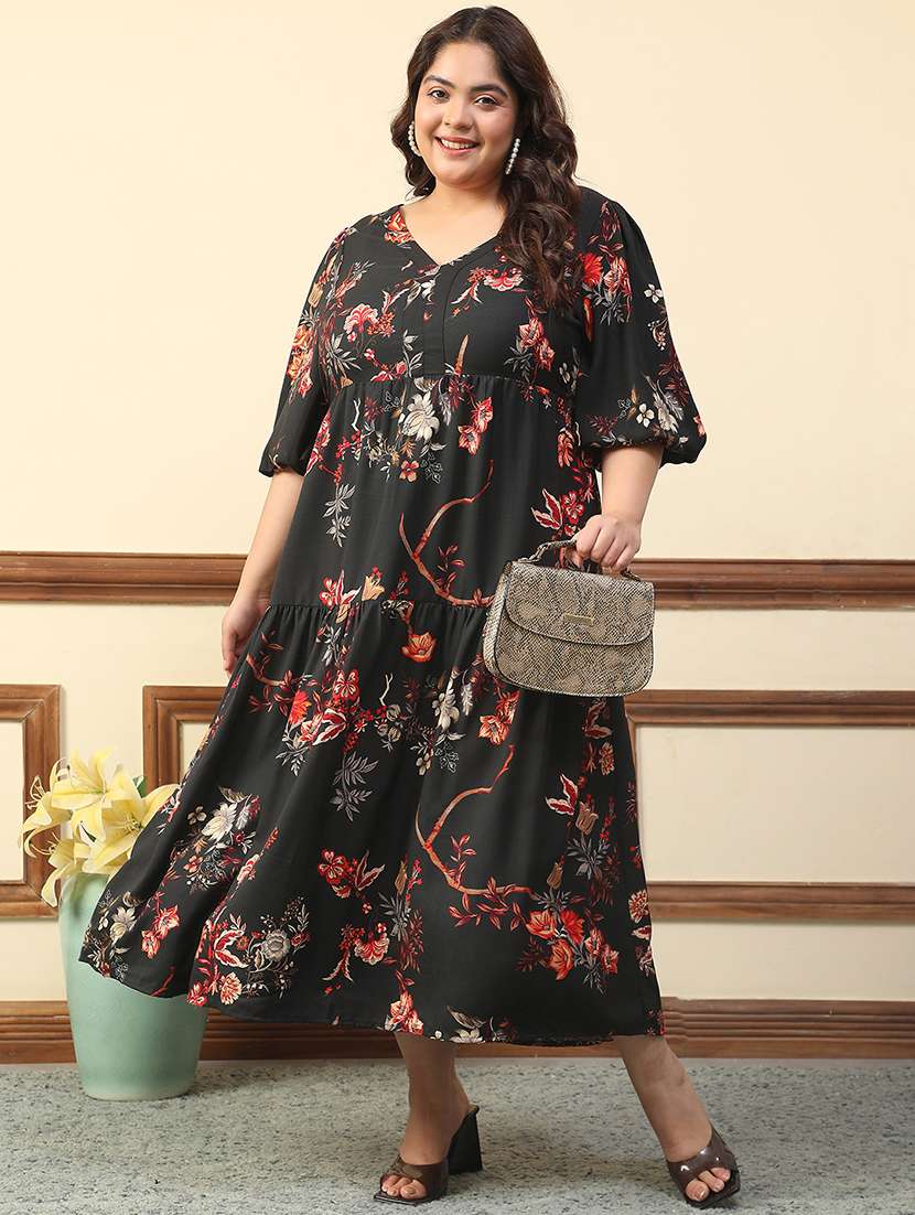 women plus size floral print puff sleeve tiered dress