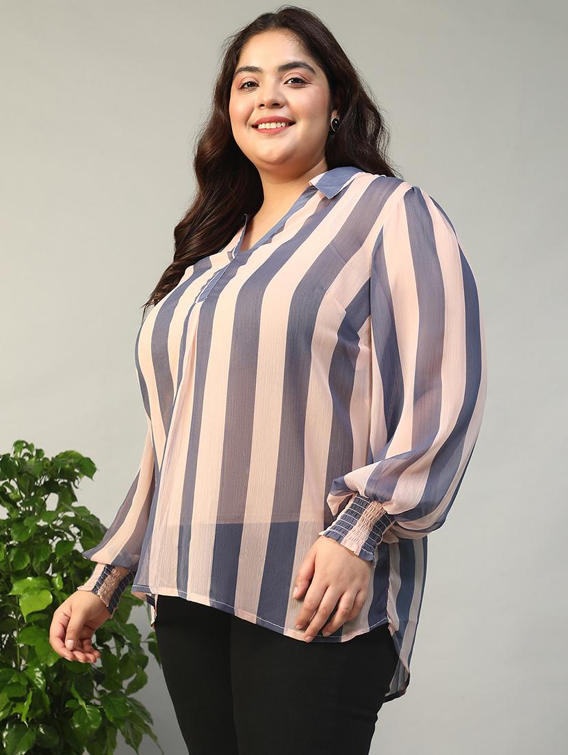 women plus size striped collared puff sleeve top - 21981207 - Standard Image - 1