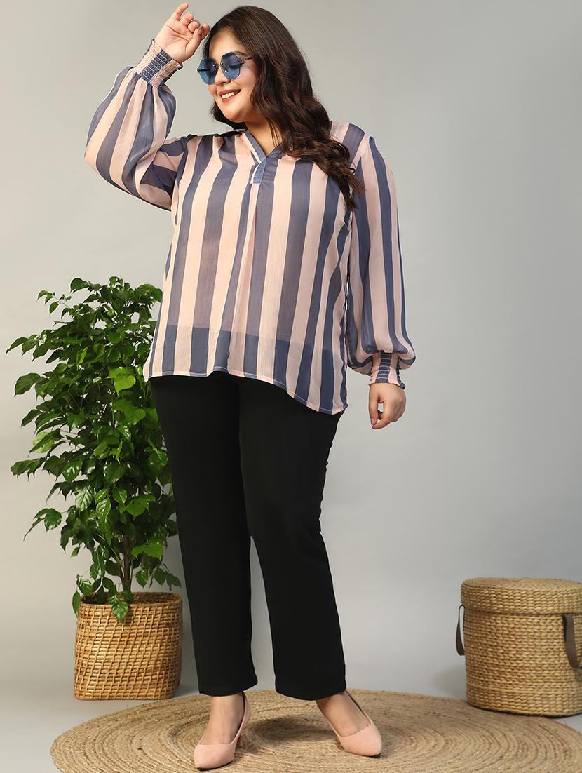 women plus size striped collared puff sleeve top - 21981207 - Standard Image - 4