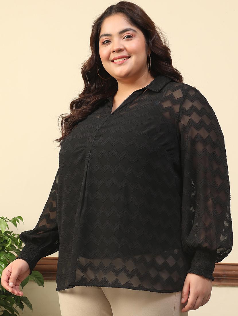 women plus size self designed collared puff sleeve top - 21981210 -  Standard Image - 1