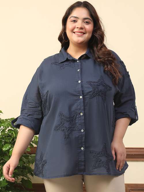 women plus size embroidered collared long sleeve shirt - 21981211 -  Standard Image - 0