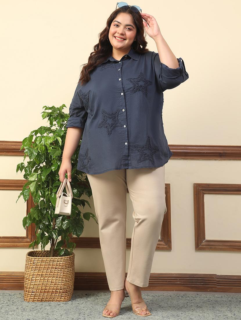 women plus size embroidered collared long sleeve shirt - 21981211 - Standard Image - 4