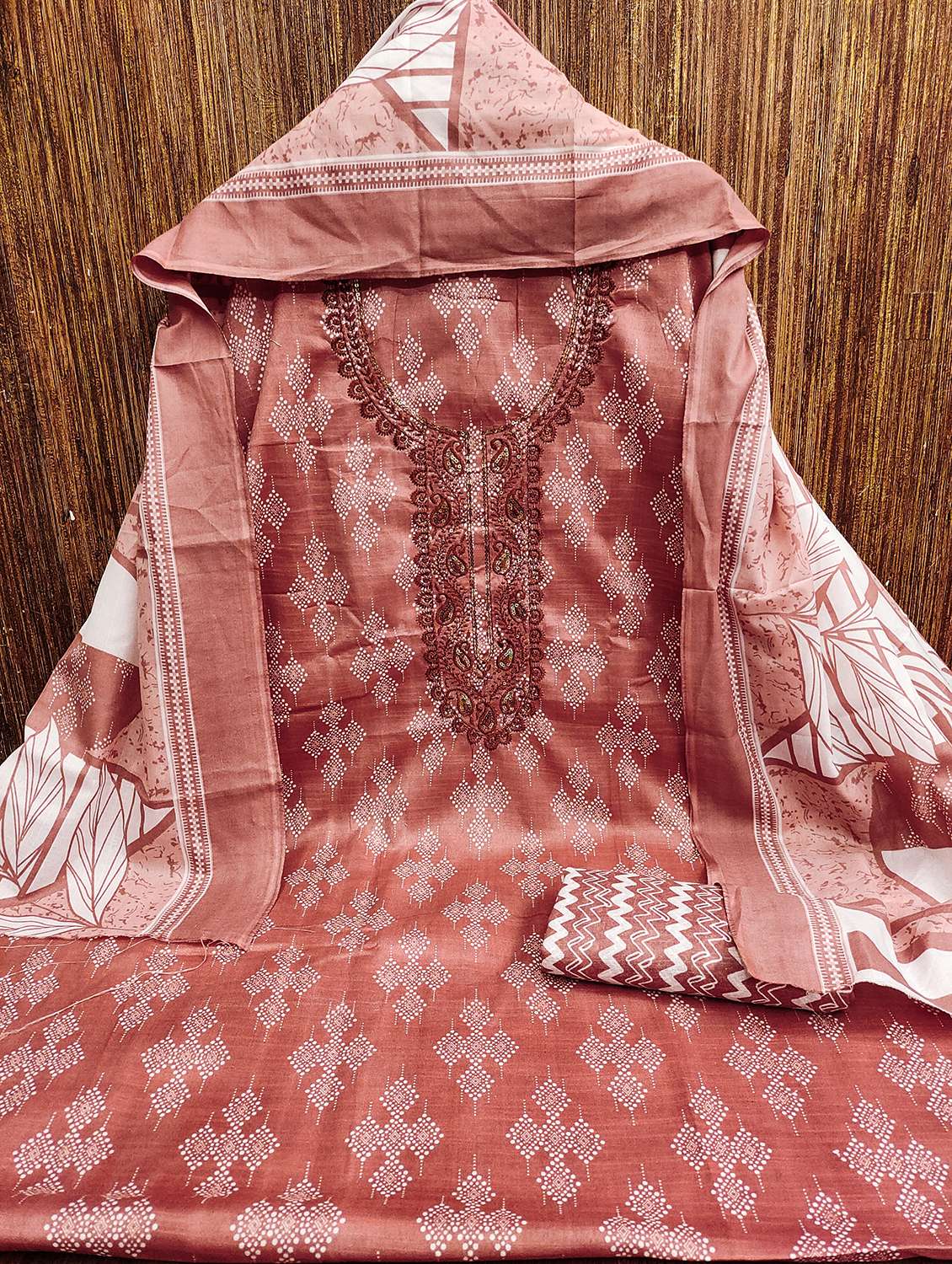 women printed with embroidery work unstitched suit set - 21981266 -  Standard Image - 1