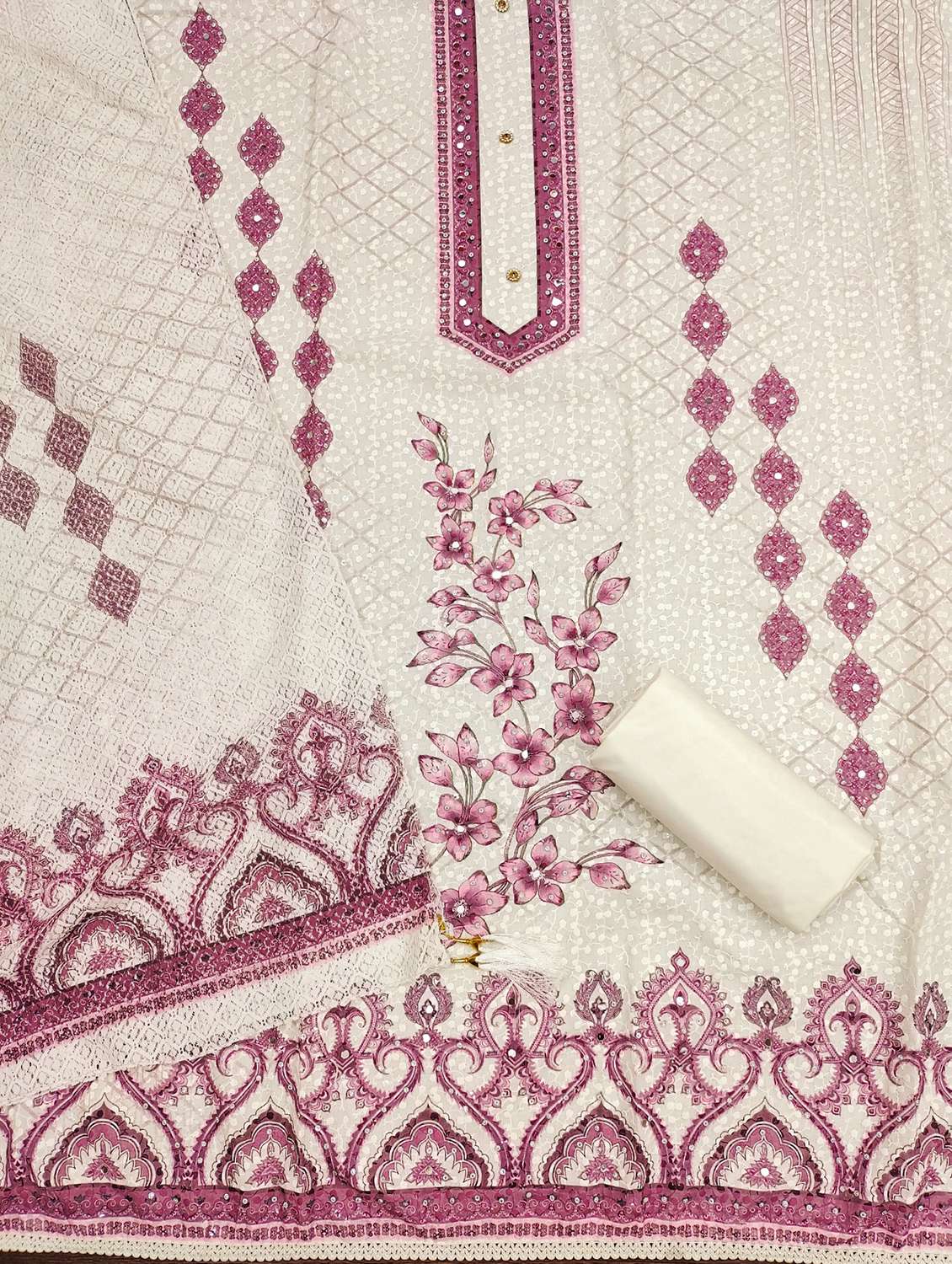 women printed with embroidery work unstitched suit set - 21981291 -  Standard Image - 1