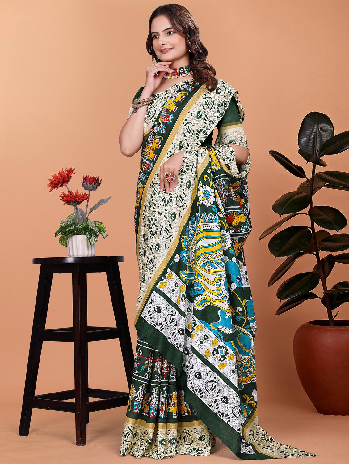 women kalamkari printed saree with blouse - 21981435 - Standard Image - 1