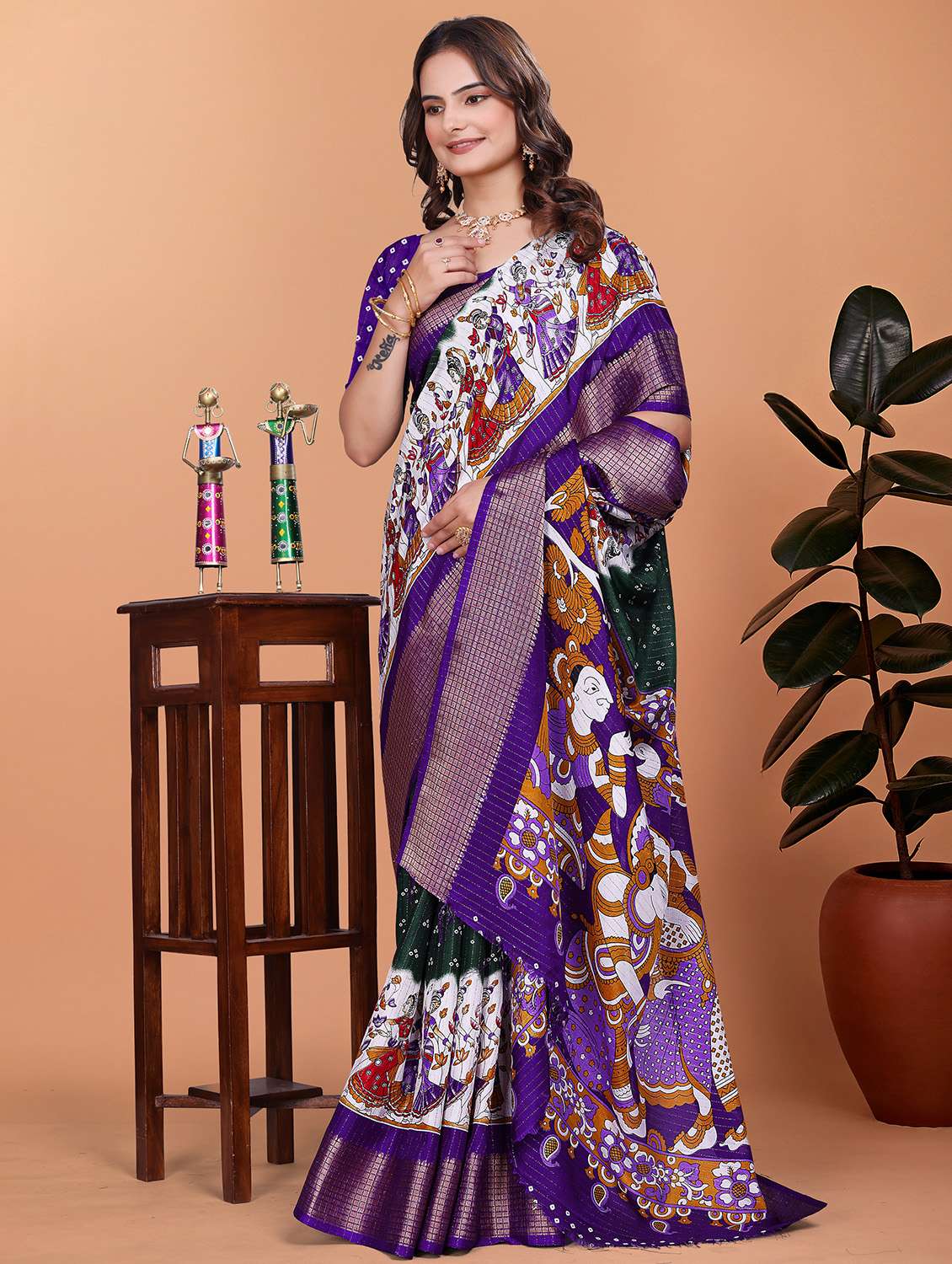 women kalamkari printed bordered saree with blouse - 21981450 -  Standard Image - 1