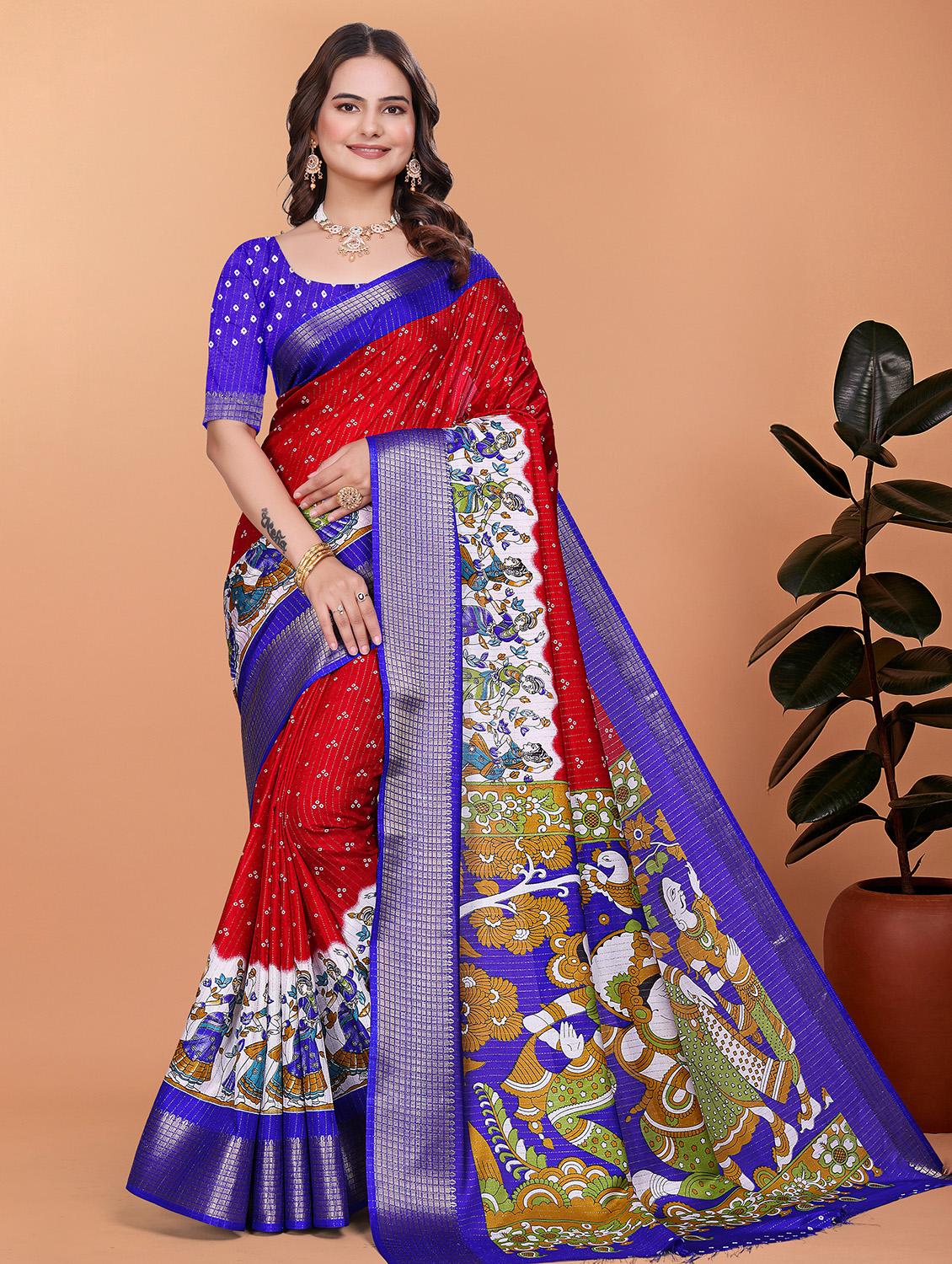 women kalamkari printed bordered saree with blouse - 21981453 - Zoom Image - 0