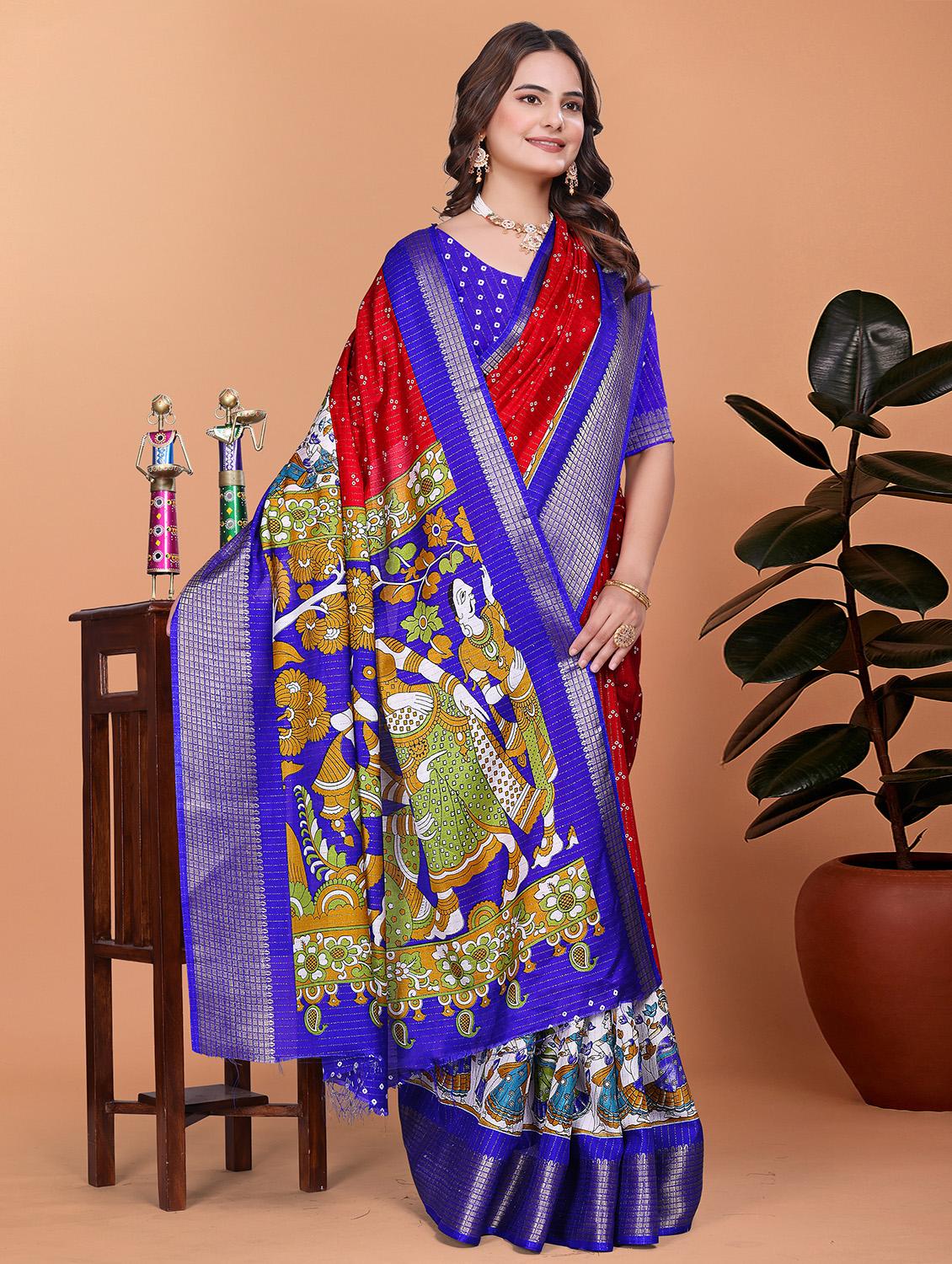women kalamkari printed bordered saree with blouse - 21981453 - Standard Image - 1