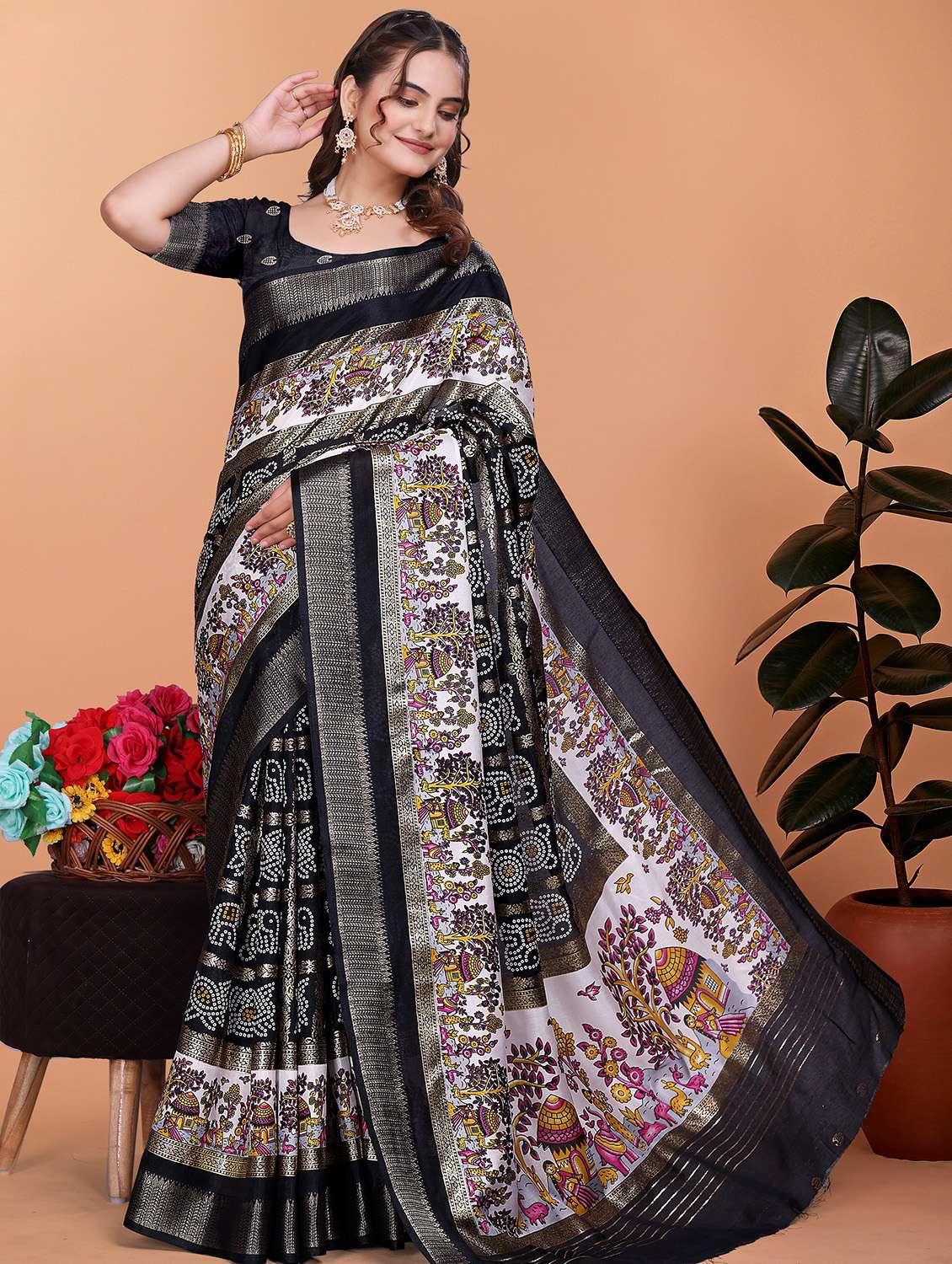 women bandhani printed bordered saree with blouse - 21981456 -  Standard Image - 1