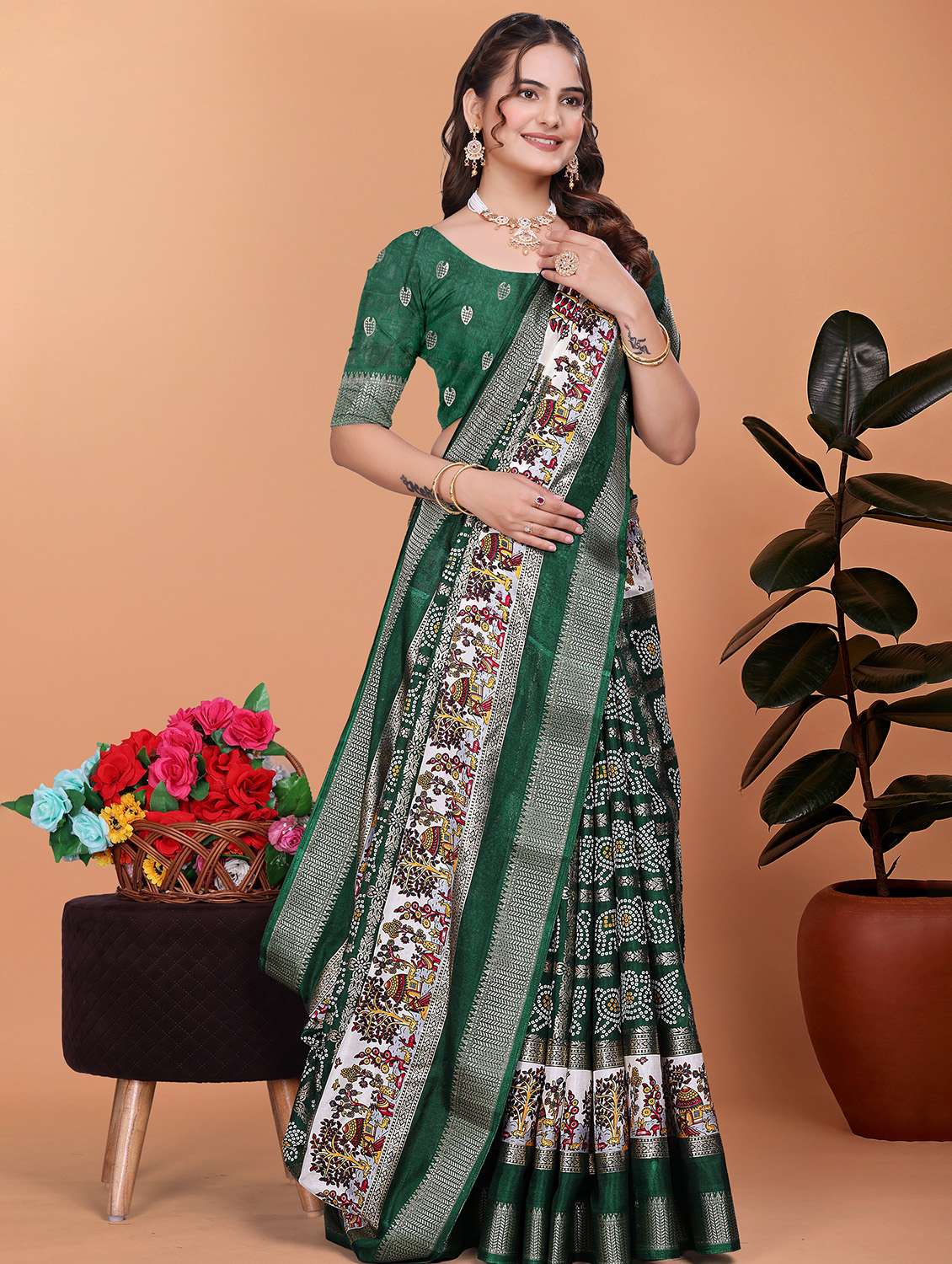women bandhani printed bordered saree with blouse - 21981457 -  Standard Image - 1