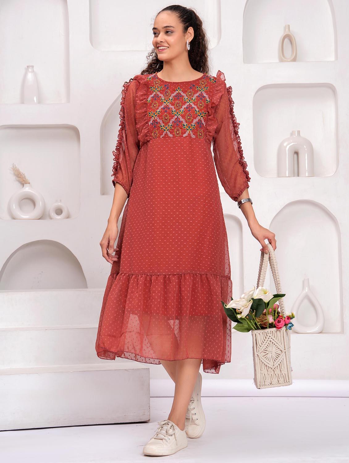 women self designed round neck tiered dress - 21981533 -  Zoom Image - 0
