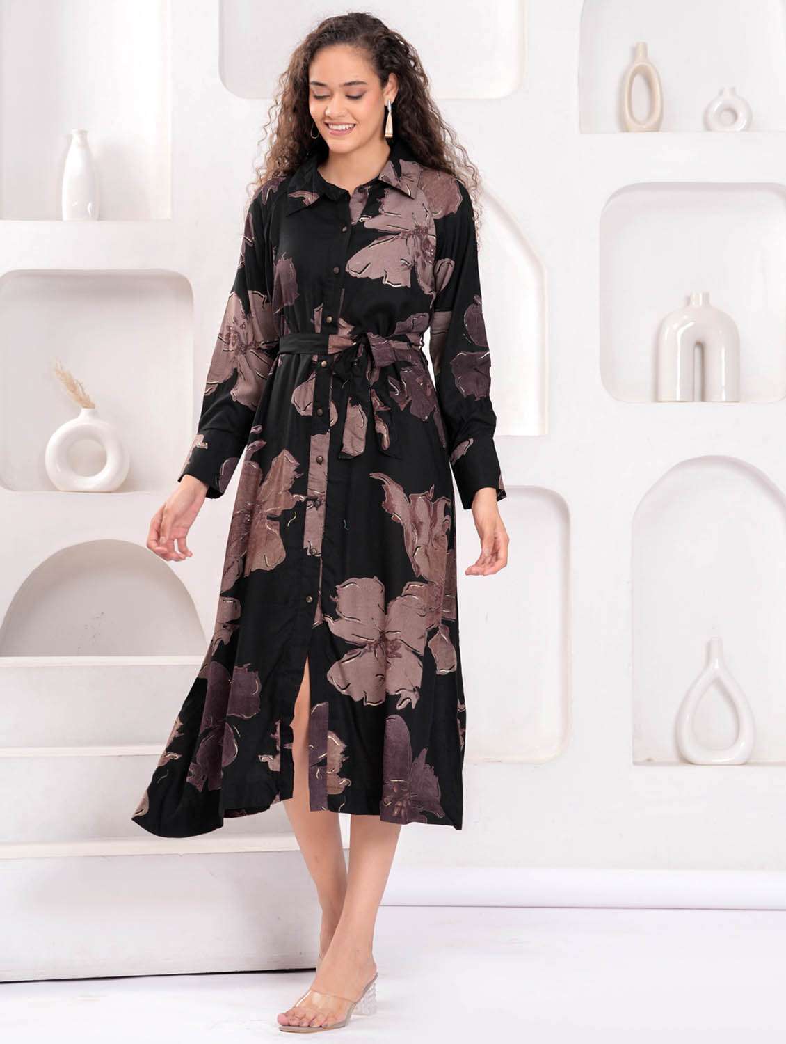 women floral print long sleeve collared shirt dress - 21981537 - Standard Image - 1