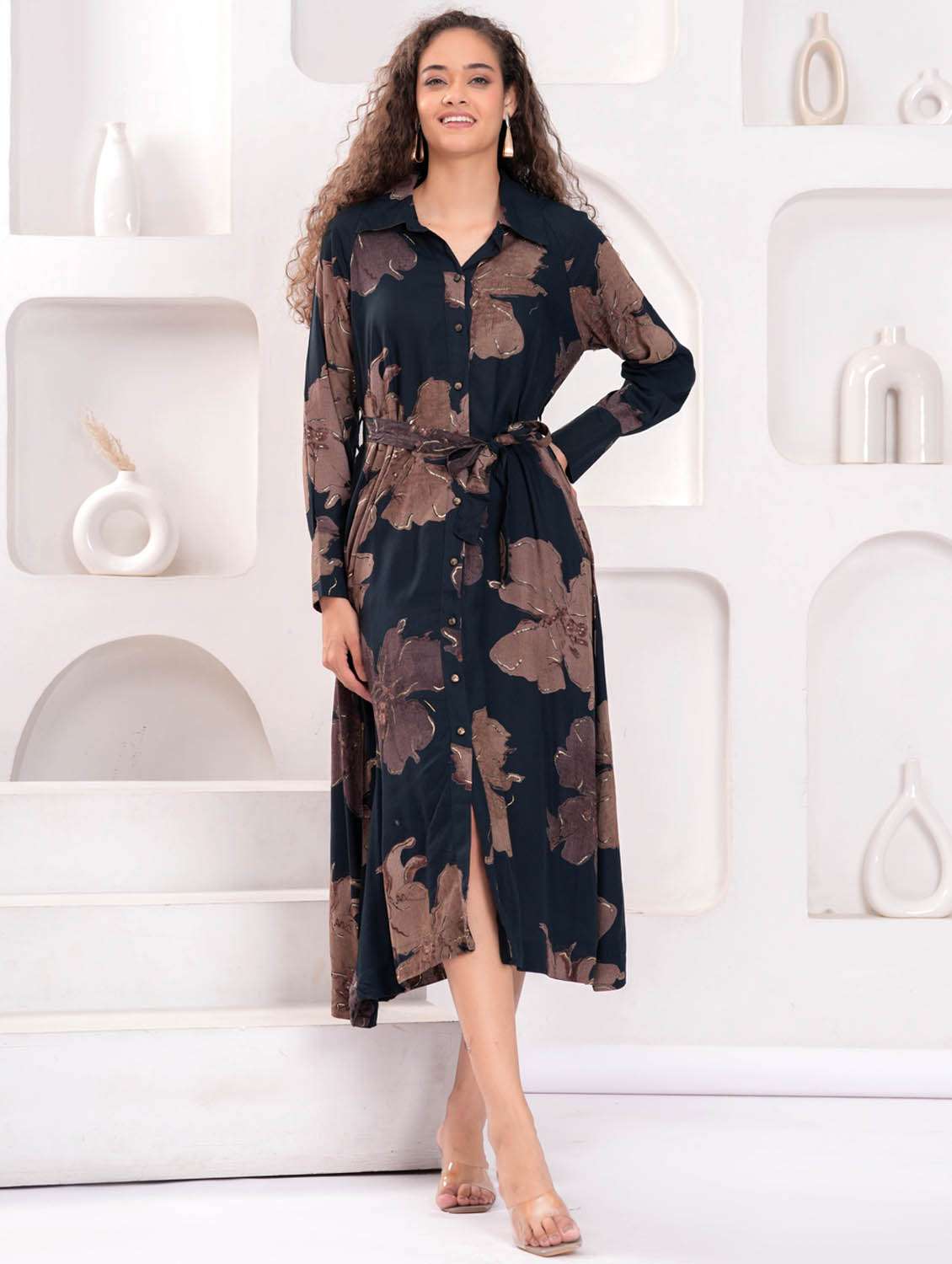 women floral print long sleeve collared shirt dress - 21981538 -  Standard Image - 1