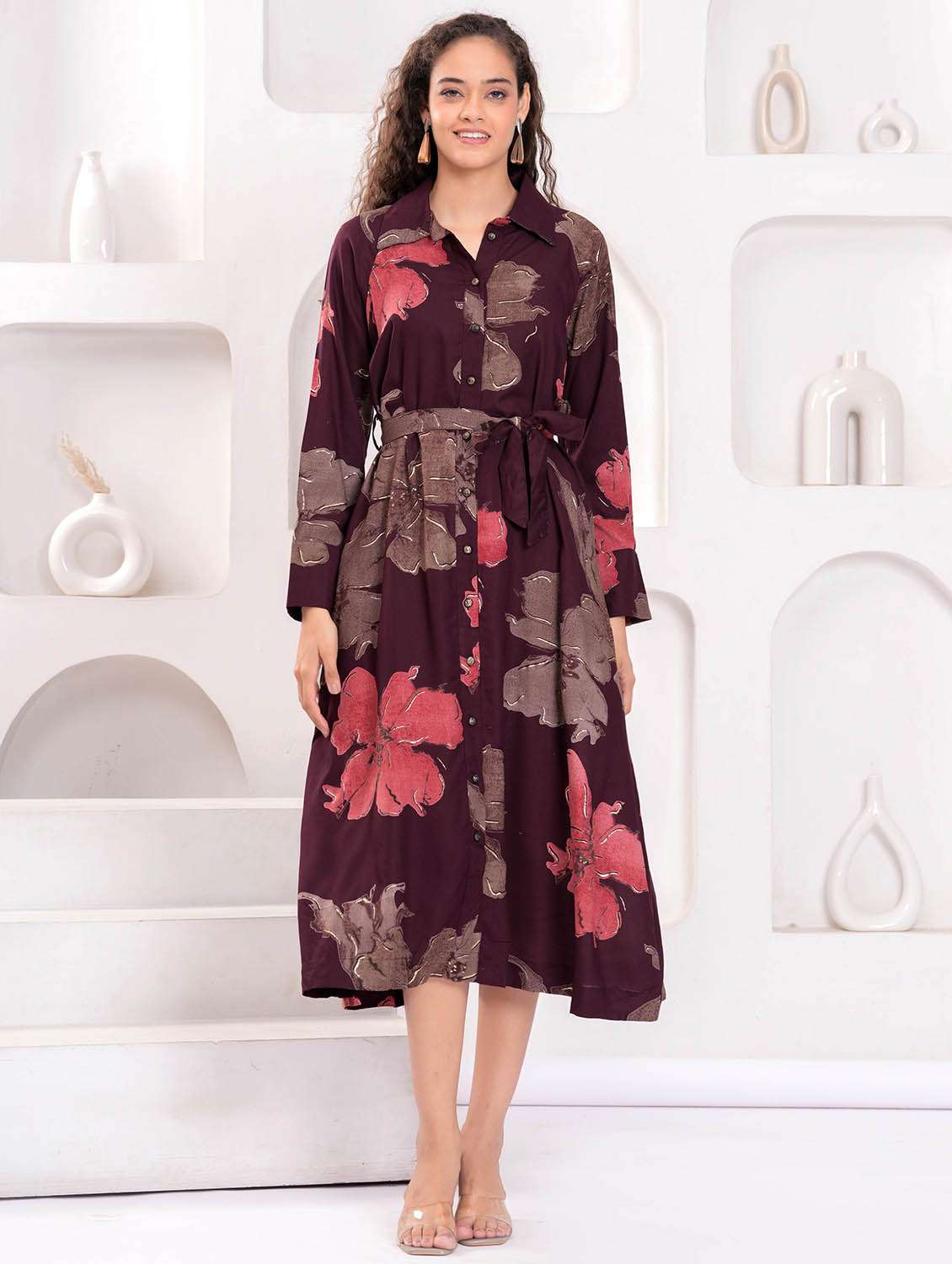 women floral print long sleeve collared shirt dress - 21981540 - Standard Image - 1