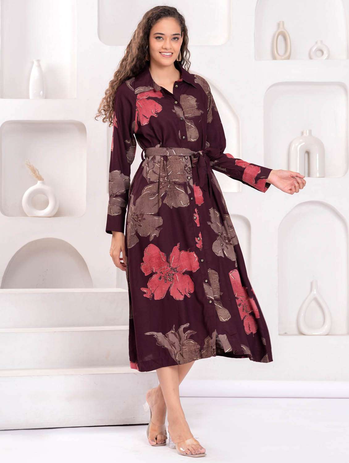 women floral print long sleeve collared shirt dress - 21981540 - Standard Image - 4