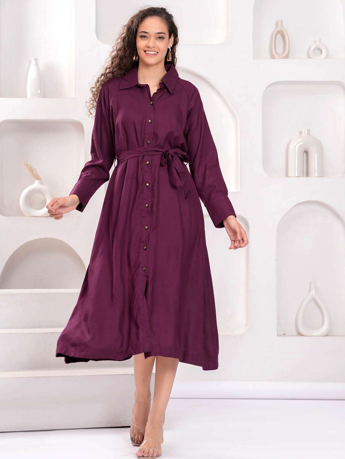 women solid long sleeve collared shirt dress - 21981543 -  Standard Image - 1