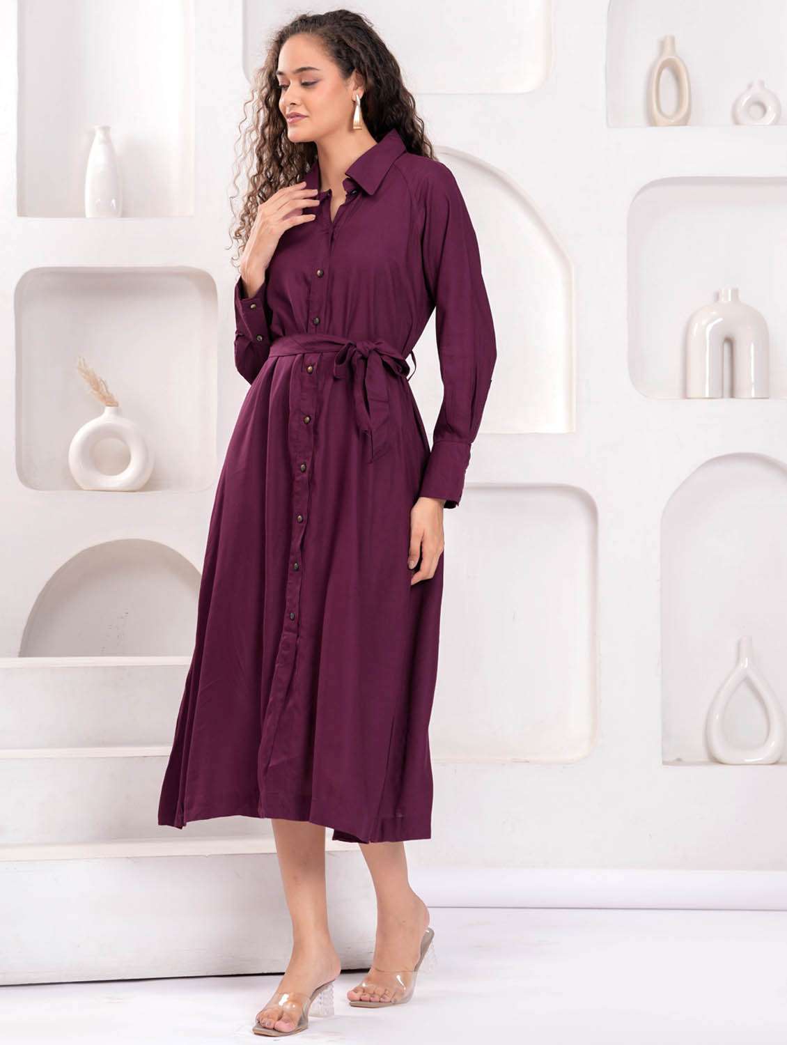 women solid long sleeve collared shirt dress - 21981543 -  Standard Image - 4