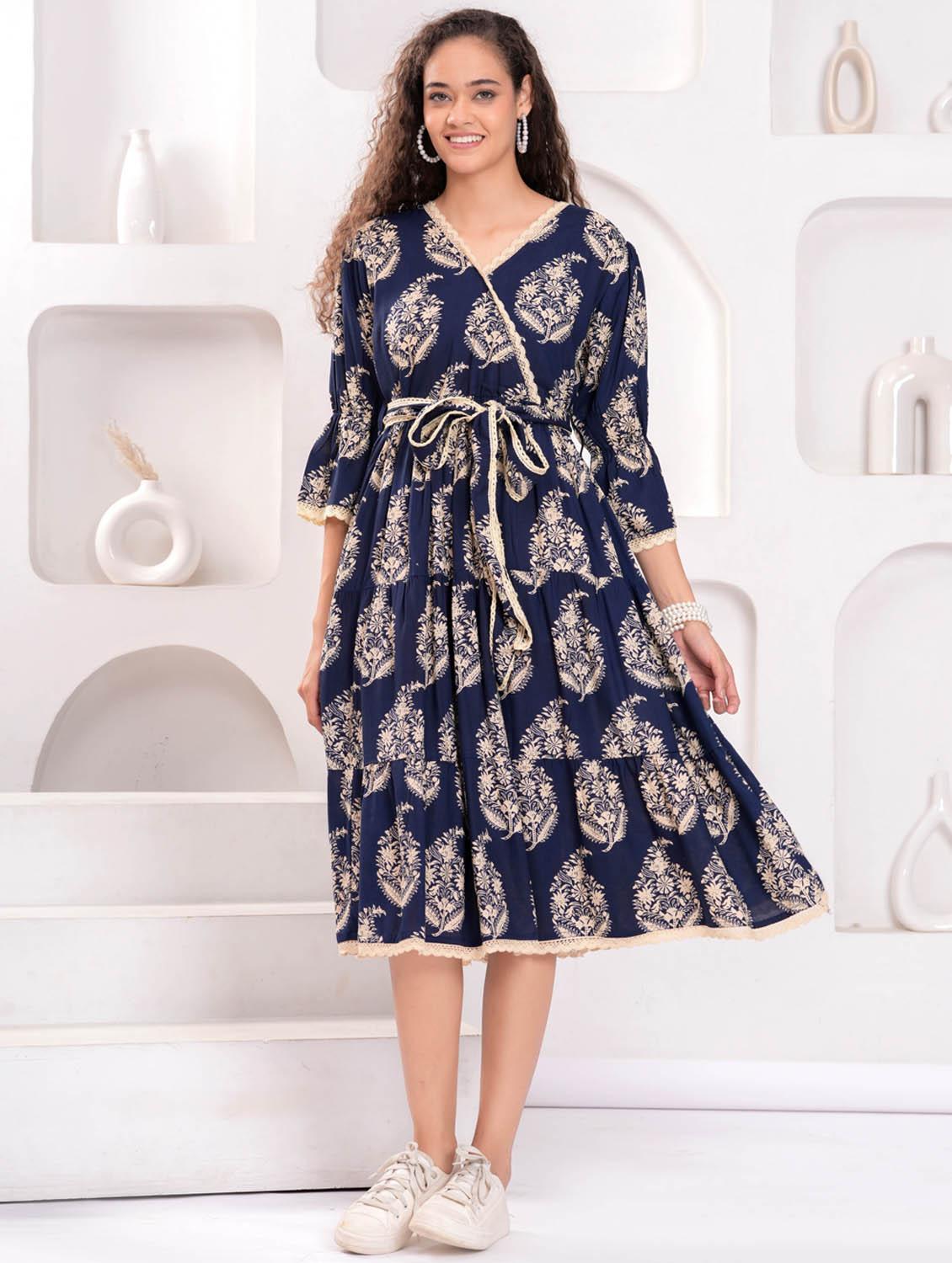 women printed overlap neck tiered dress - 21981546 - Standard Image - 1