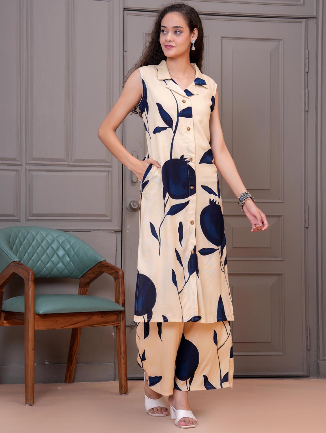 women printed sleeveless kurta and palazzo set - 21981585 -  Standard Image - 1