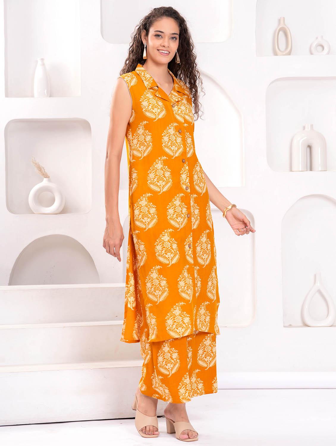 women printed sleeveless kurta and palazzo set - 21981587 - Standard Image - 1
