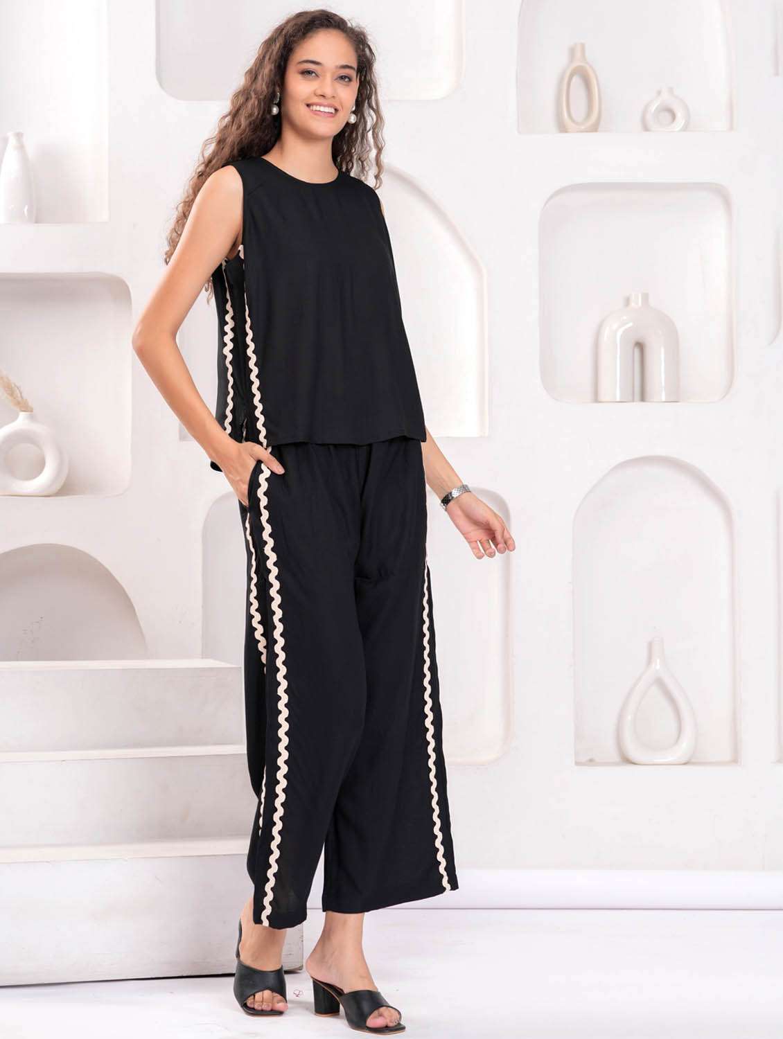 women solid sleeveless top and trouser co-ord set - 21981600 -  Standard Image - 1