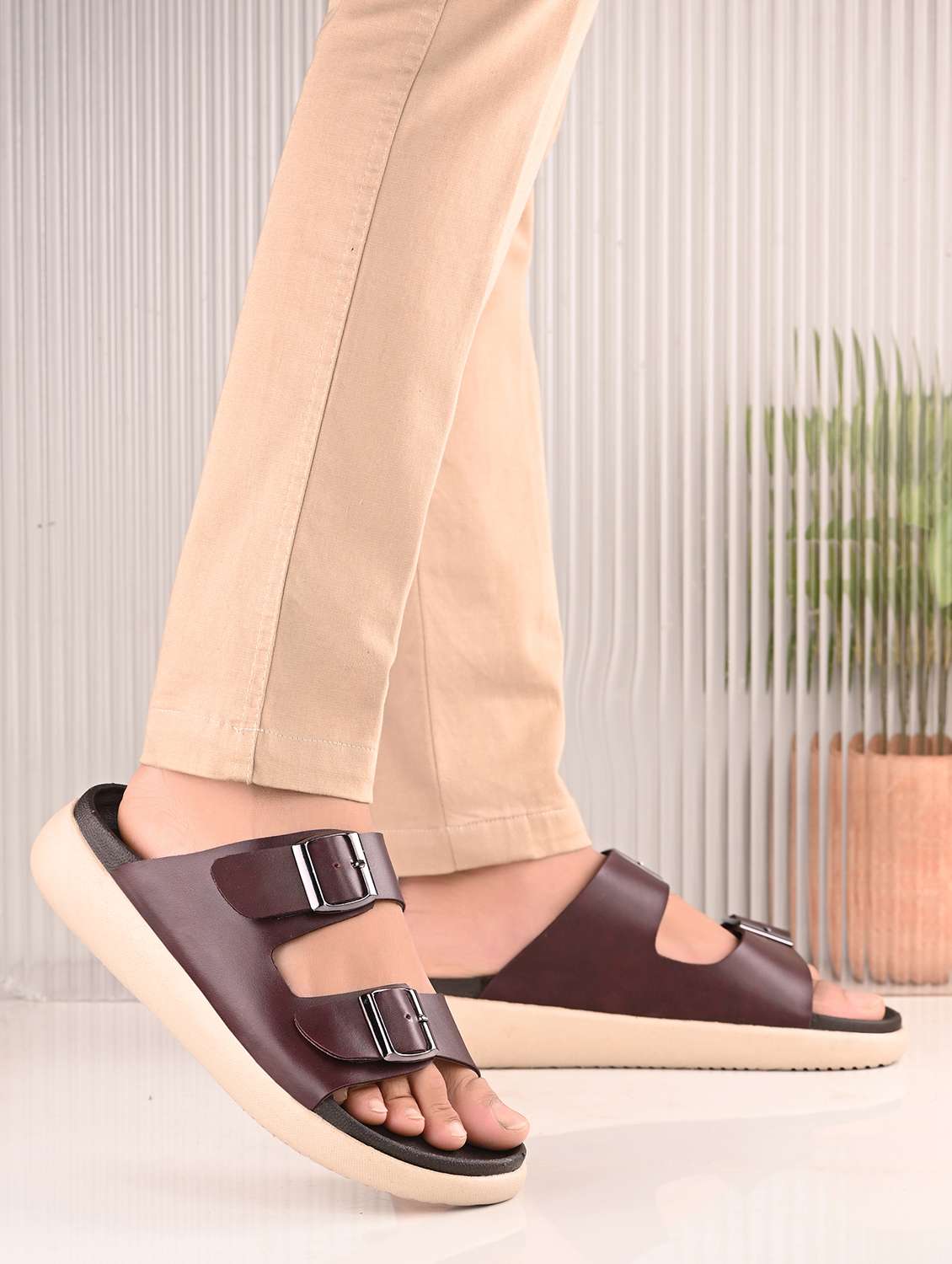 men brown solid slip on sandal - 21981651 -  Standard Image - 1