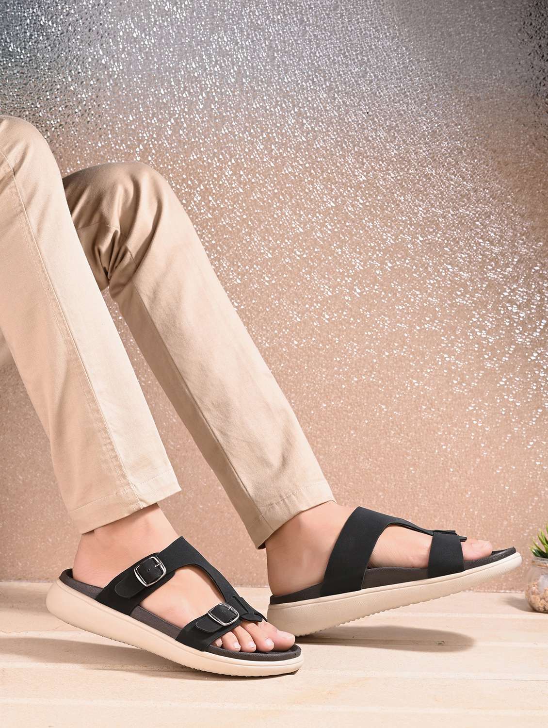 men black solid slip on sandal - 21981653 -  Standard Image - 1