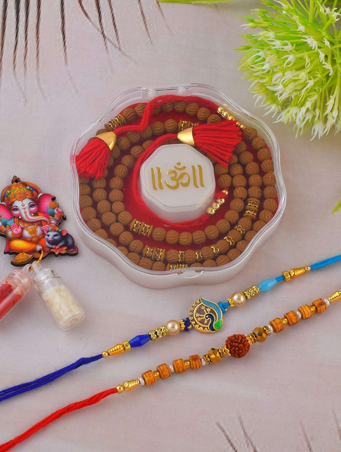 pack of 3 tulsi and rudraksh rakhi set - 21981745 - Zoom Image - 0