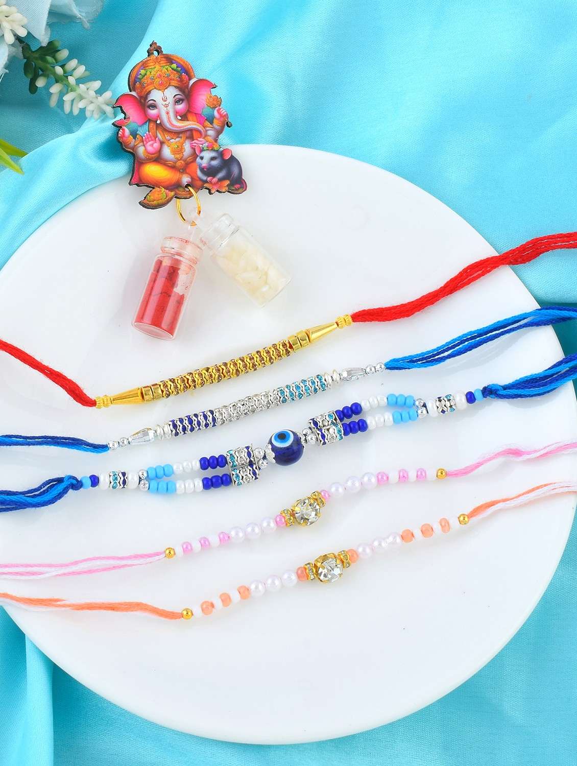 pack of 5 silver plated beaded rakhi set - 21981755 - Zoom Image - 0