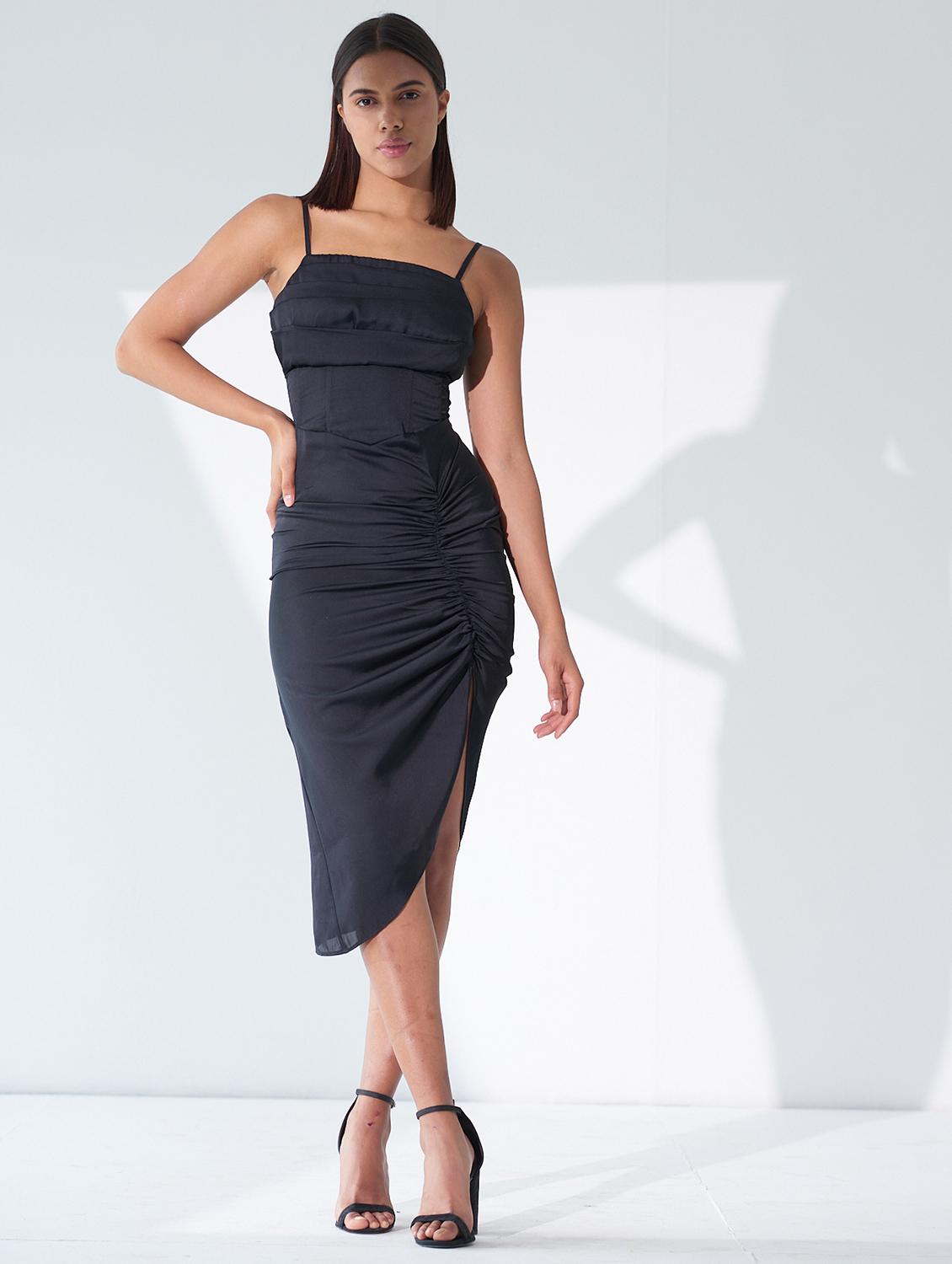 women solid shoulder strap ruched dress - 21981770 -  Standard Image - 1