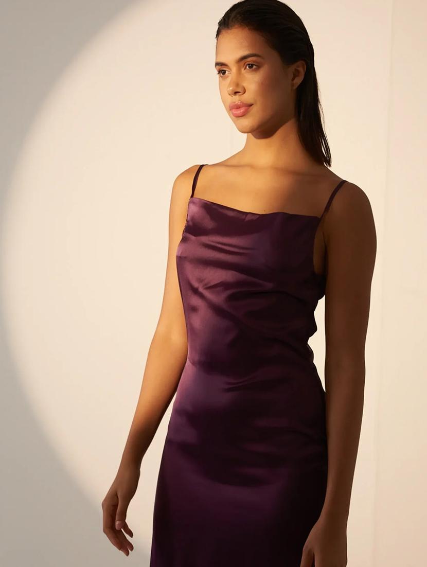 women solid shoulder strap cowl neck a-line dress - 21981774 - Standard Image - 4