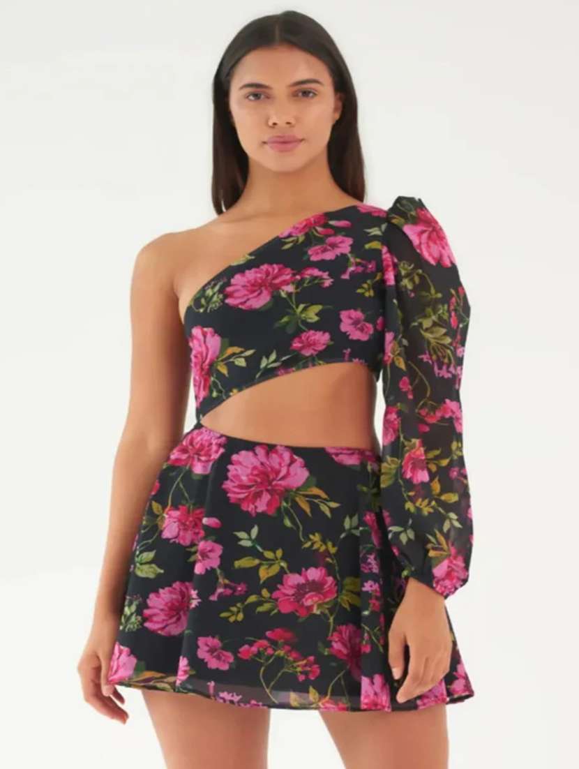 women floral print single shoulder cut out dress - 21981777 -  Zoom Image - 0