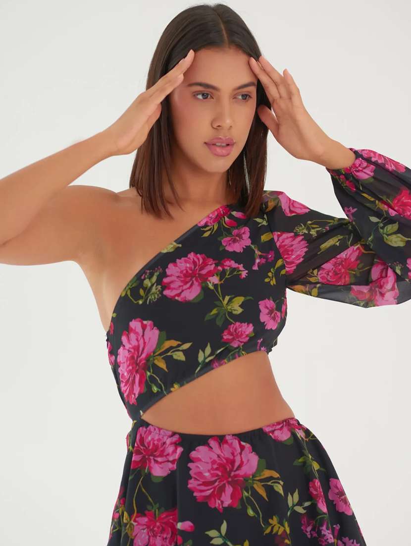 women floral print single shoulder cut out dress - 21981777 - Standard Image - 1