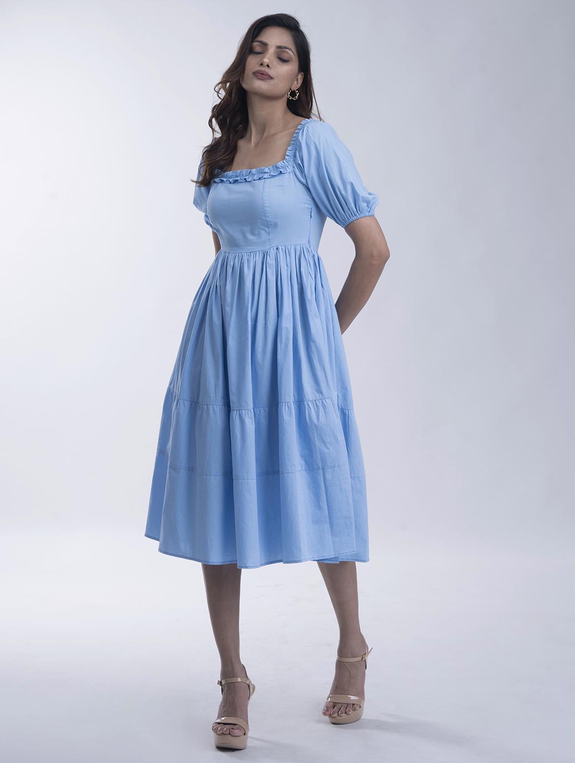 women solid puff sleeve tiered dress - 21981779 - Standard Image - 1