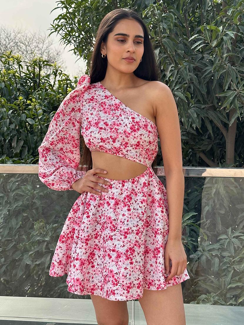 women floral print single shoulder cut out fit & flare dress - 21981790 -  Standard Image - 1