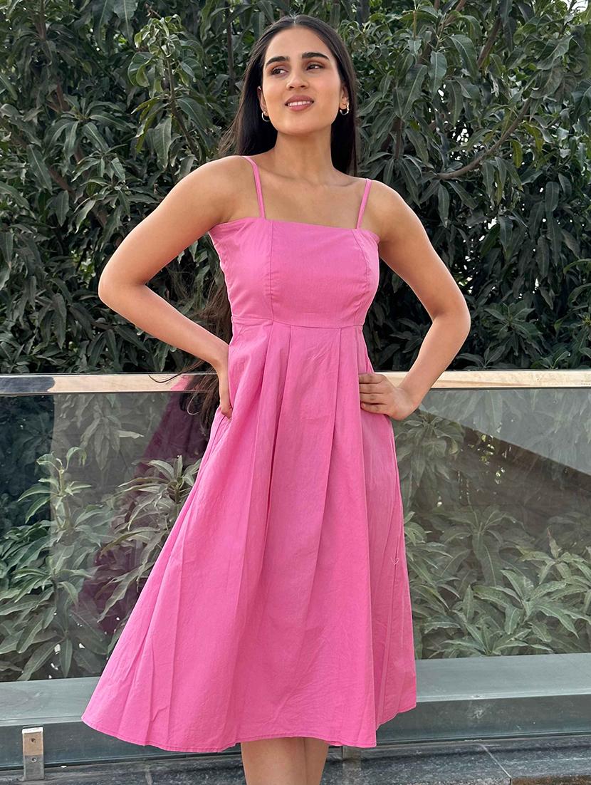 women pink solid shoulder strap fit & flare dress - 21981791 - Standard Image - 1