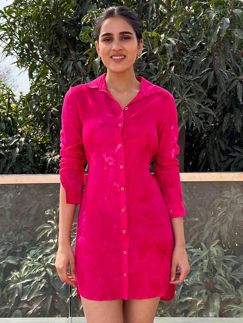 women pink solid collared shirt dress - 21981793 -  Zoom Image - 0