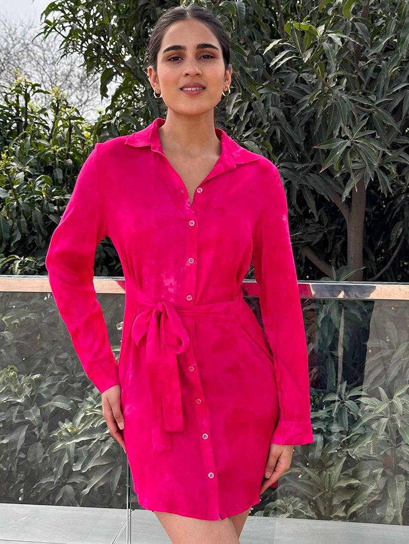 women pink solid collared shirt dress - 21981793 - Standard Image - 1