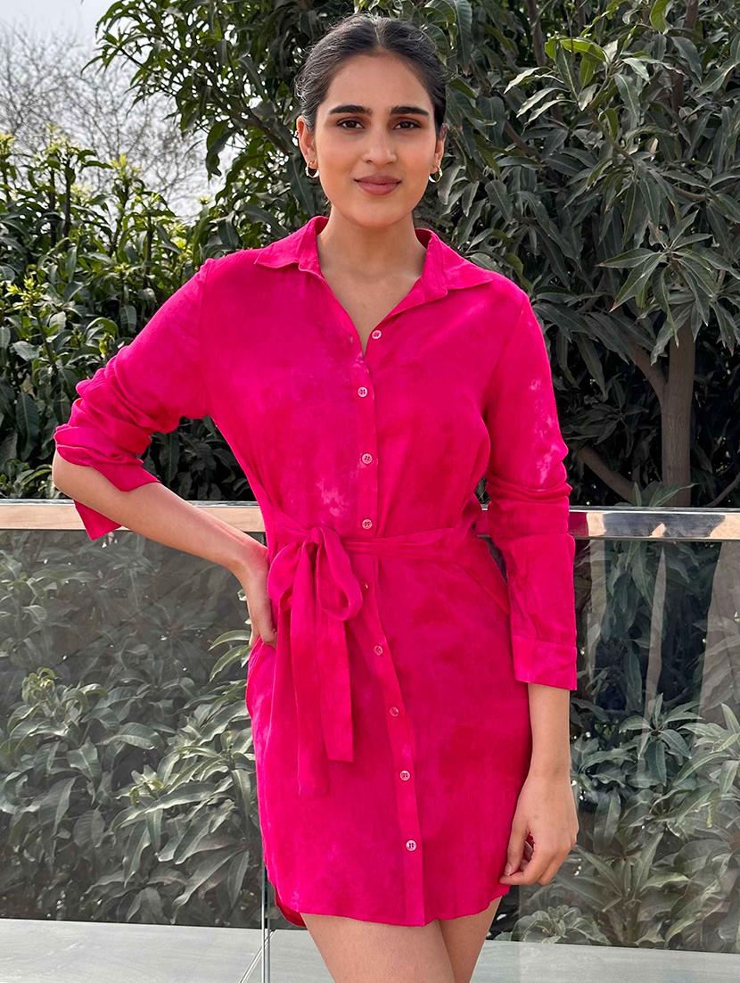 women pink solid collared shirt dress - 21981793 - Standard Image - 4