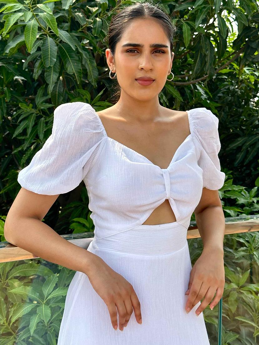 women white solid puff sleeve cut out tiered dress - 21981797 - Standard Image - 4