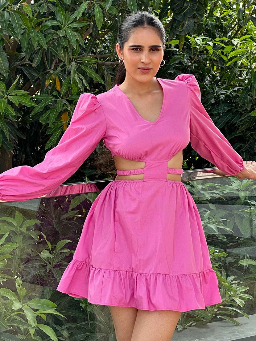 women solid puff sleeve cut out tiered dress - 21981803 -  Standard Image - 1