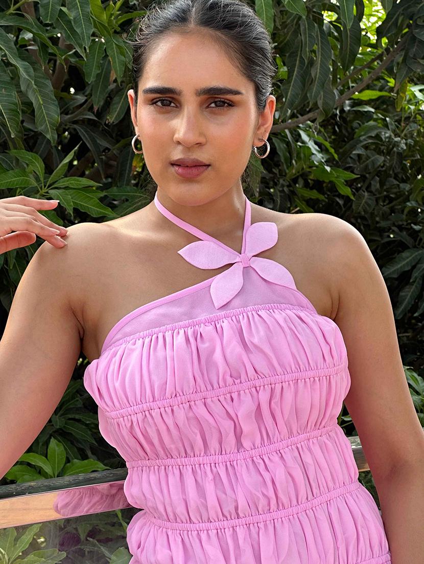 women pink solid halter neck tiered dress - 21981806 - Standard Image - 4