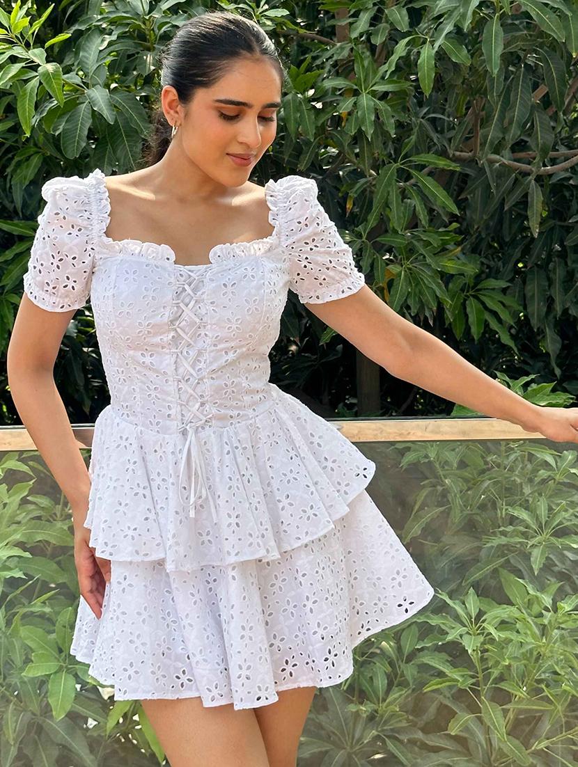 women solid puff sleeve schiffli layered dress - 21981808 - Standard Image - 4