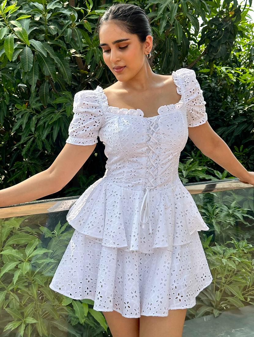 women solid puff sleeve schiffli layered dress - 21981808 - Standard Image - 6